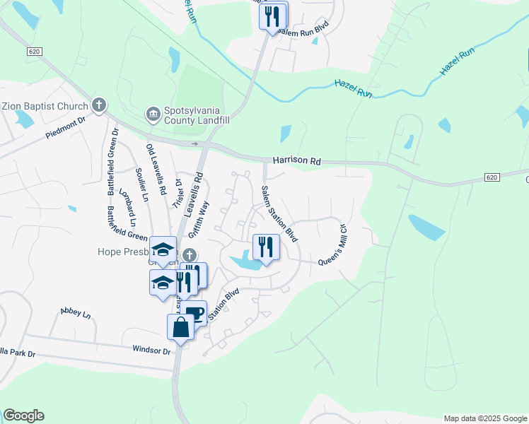 map of restaurants, bars, coffee shops, grocery stores, and more near 11602 Sarrington Court in Fredericksburg
