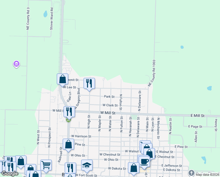 map of restaurants, bars, coffee shops, grocery stores, and more near 407 West Lee Street in Butler