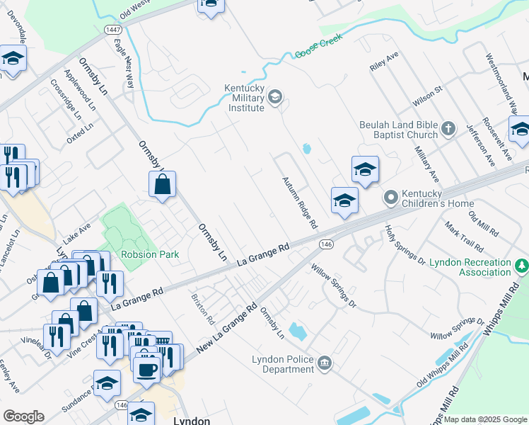 map of restaurants, bars, coffee shops, grocery stores, and more near 1304 Blue Vale Way in Louisville