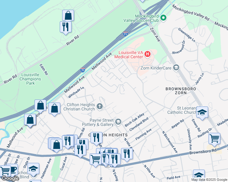 map of restaurants, bars, coffee shops, grocery stores, and more near 52 Lake Avenue in Louisville