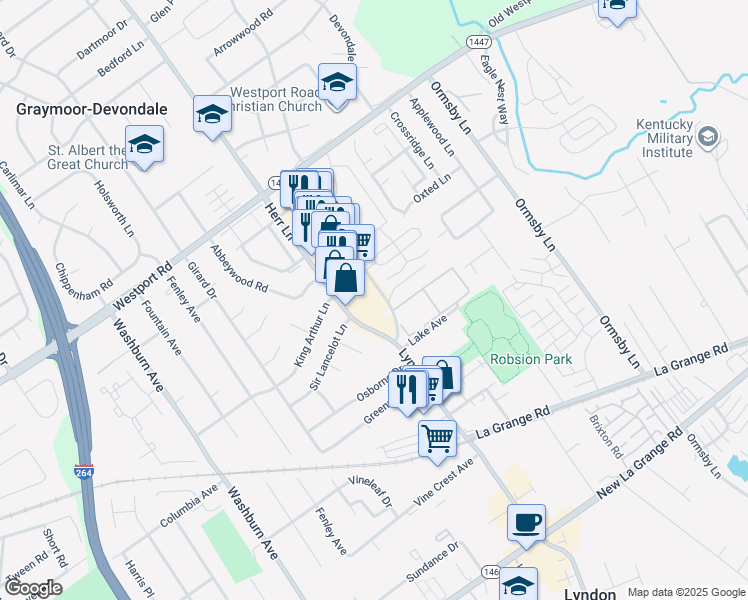 map of restaurants, bars, coffee shops, grocery stores, and more near 1102 Lyndon Lane in Louisville