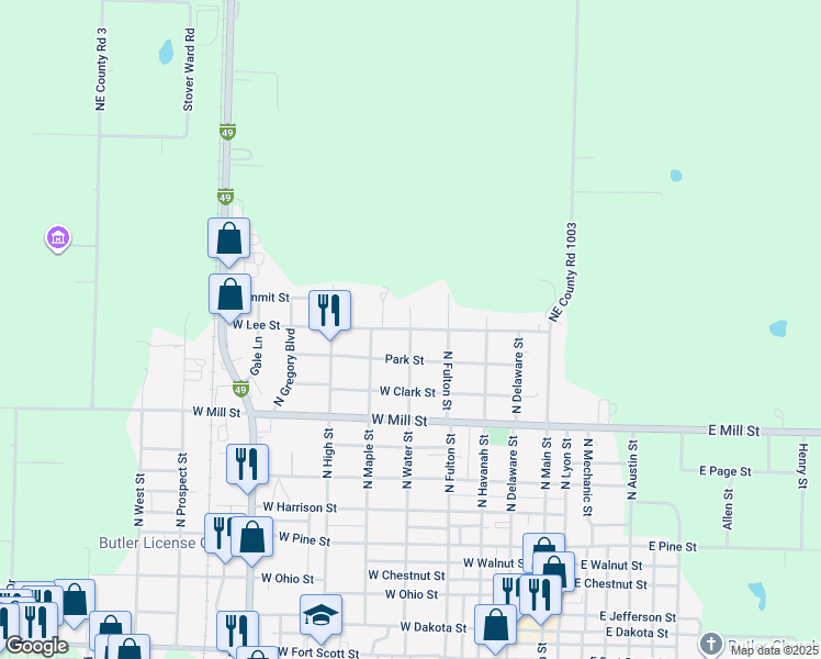 map of restaurants, bars, coffee shops, grocery stores, and more near 507 West Lee Street in Butler