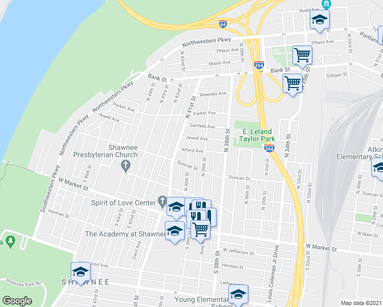 map of restaurants, bars, coffee shops, grocery stores, and more near 315 North 40th Street in Louisville