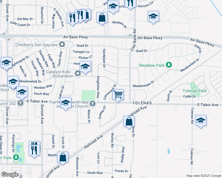 map of restaurants, bars, coffee shops, grocery stores, and more near 2042 Cormorant Drive in Fairfield