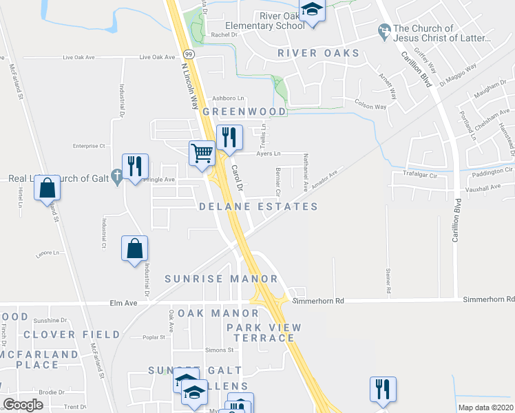 map of restaurants, bars, coffee shops, grocery stores, and more near 614 Ron Way in Galt
