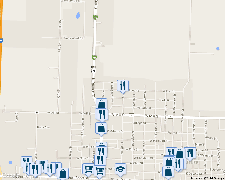 map of restaurants, bars, coffee shops, grocery stores, and more near 705 West Lee Street in Butler