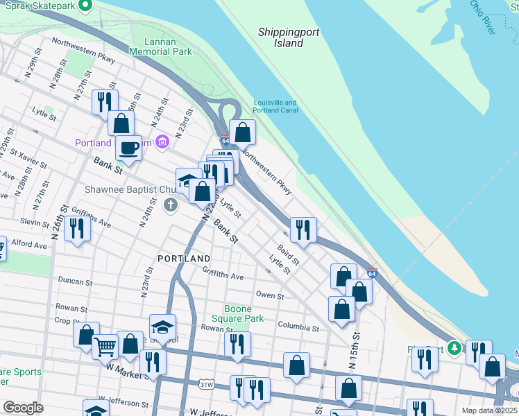 map of restaurants, bars, coffee shops, grocery stores, and more near 1938 Portland Avenue in Louisville
