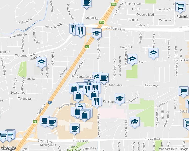 map of restaurants, bars, coffee shops, grocery stores, and more near 1313 Canterbury Drive in Fairfield