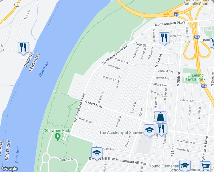 map of restaurants, bars, coffee shops, grocery stores, and more near 106 North 46th Street in Louisville