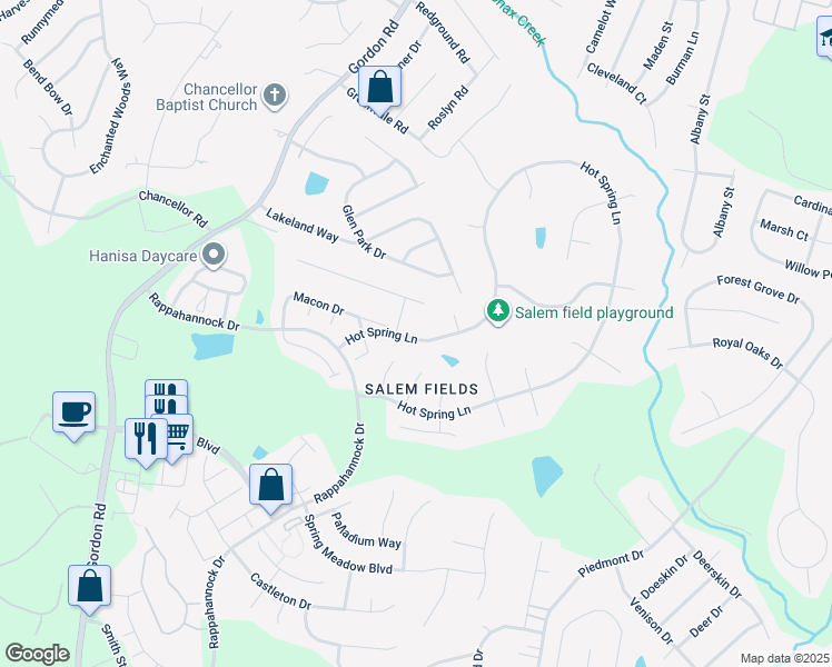 map of restaurants, bars, coffee shops, grocery stores, and more near 6004 Hot Spring Lane in Fredericksburg
