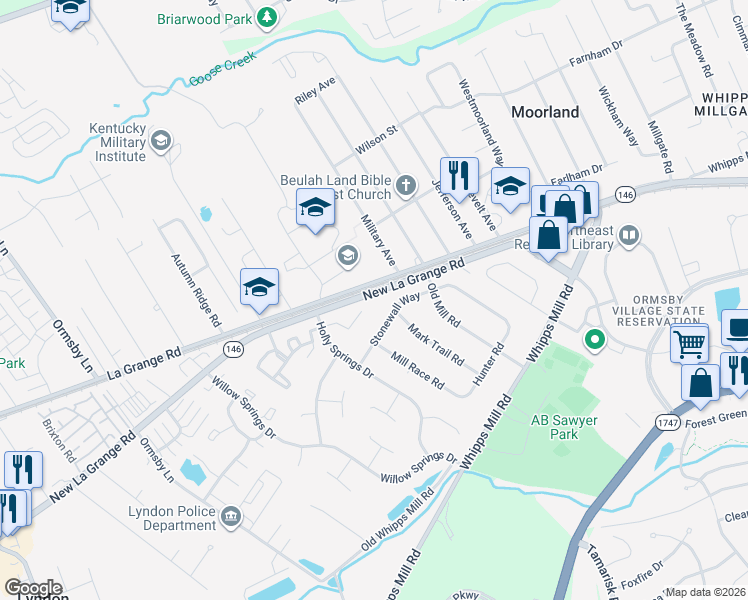 map of restaurants, bars, coffee shops, grocery stores, and more near 8800 New Lagrange Road in Louisville