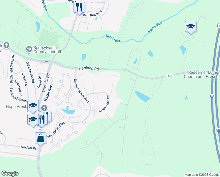 map of restaurants, bars, coffee shops, grocery stores, and more near 11308 Yorkshire Court in Fredericksburg