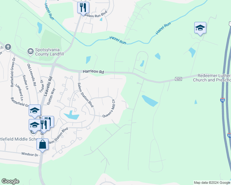 map of restaurants, bars, coffee shops, grocery stores, and more near 11308 Yorkshire Court in Fredericksburg