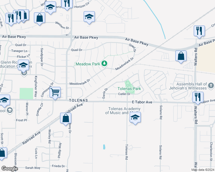 map of restaurants, bars, coffee shops, grocery stores, and more near 2041 Davis Drive in Fairfield