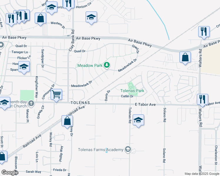 map of restaurants, bars, coffee shops, grocery stores, and more near 2041 Davis Drive in Fairfield