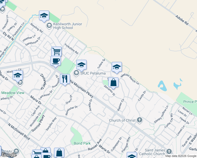 map of restaurants, bars, coffee shops, grocery stores, and more near 1908 Alpine Court in Petaluma