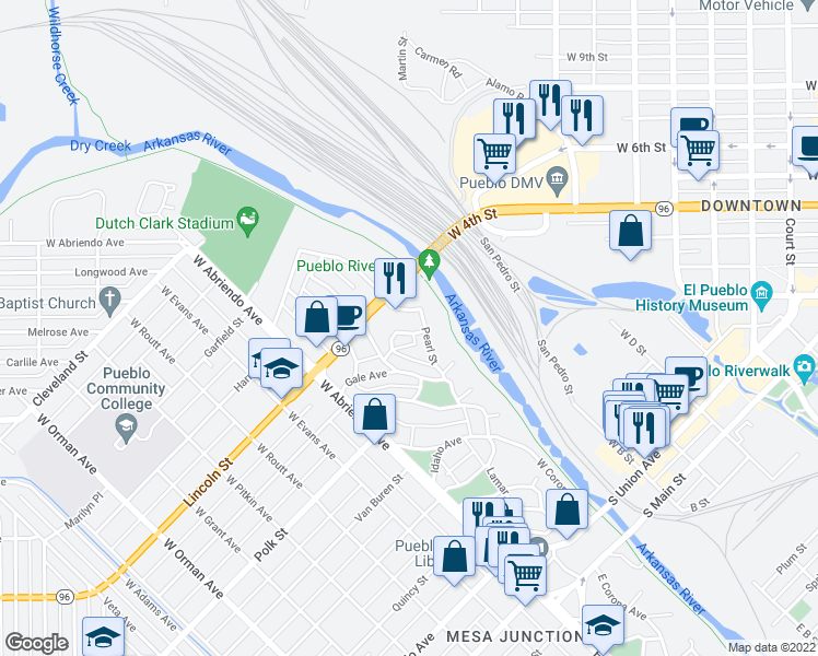 map of restaurants, bars, coffee shops, grocery stores, and more near 219 Sumner Avenue in Pueblo