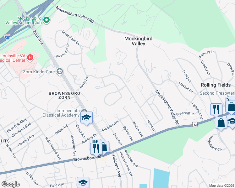 map of restaurants, bars, coffee shops, grocery stores, and more near 532 Ridgewood Road in Louisville