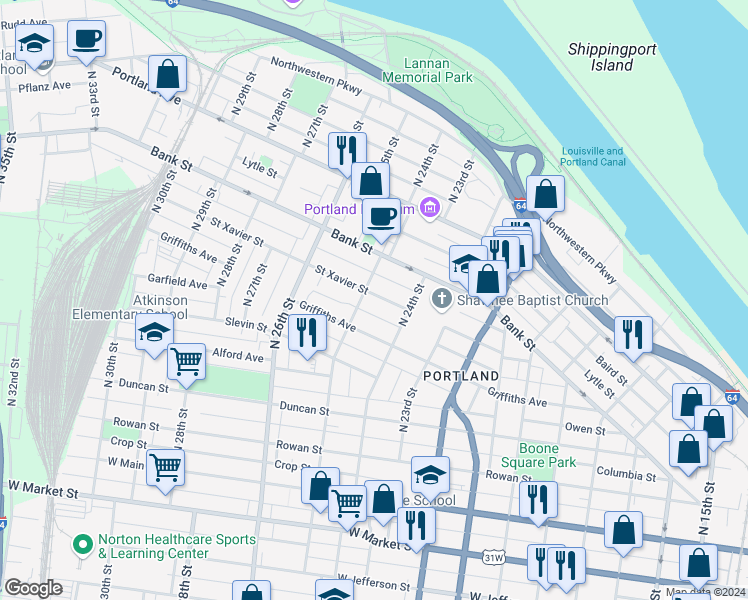 map of restaurants, bars, coffee shops, grocery stores, and more near 2430 Saint Xavier Street in Louisville