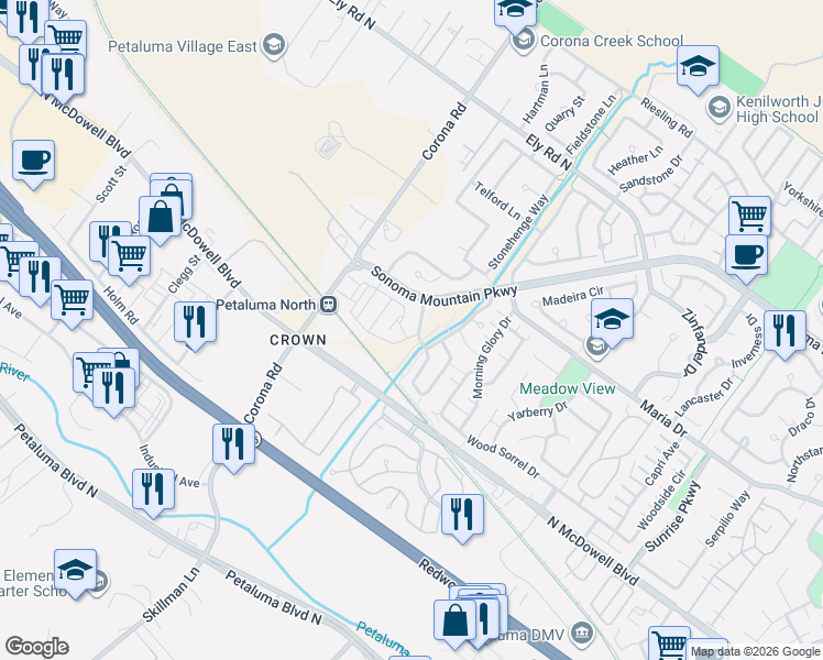map of restaurants, bars, coffee shops, grocery stores, and more near 998 Hogwarts Circle in Petaluma