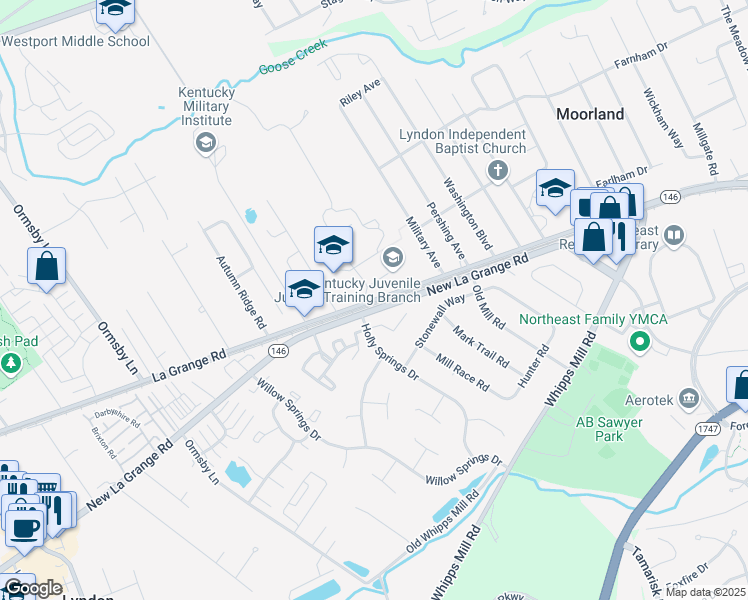 map of restaurants, bars, coffee shops, grocery stores, and more near 8711 Lagrange Road in Louisville