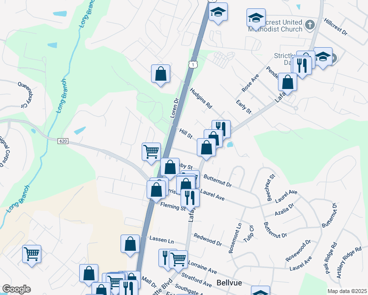 map of restaurants, bars, coffee shops, grocery stores, and more near 120 Beauregard Street in Fredericksburg