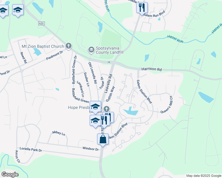 map of restaurants, bars, coffee shops, grocery stores, and more near 11220 Griffith Way in Fredericksburg