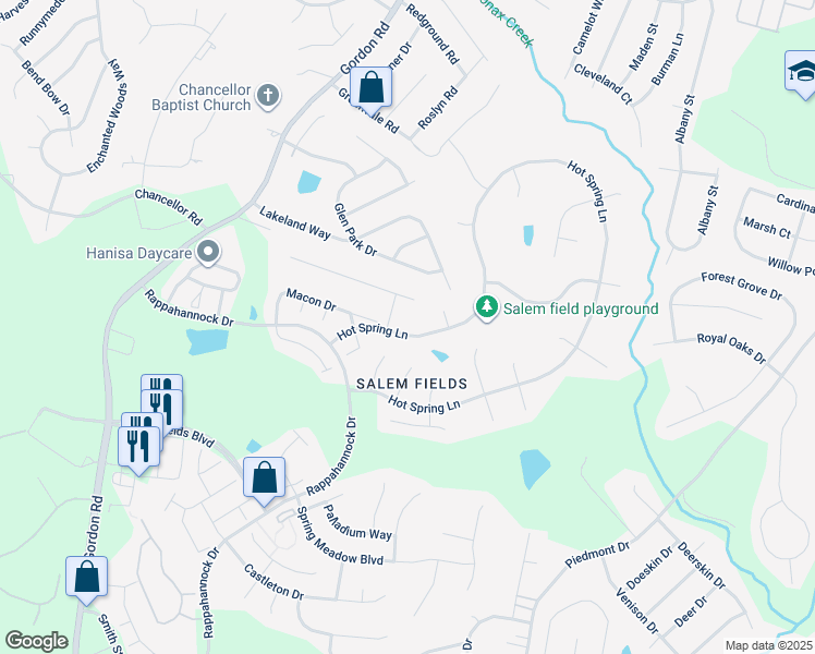 map of restaurants, bars, coffee shops, grocery stores, and more near 6004 Hot Spring Lane in Fredericksburg