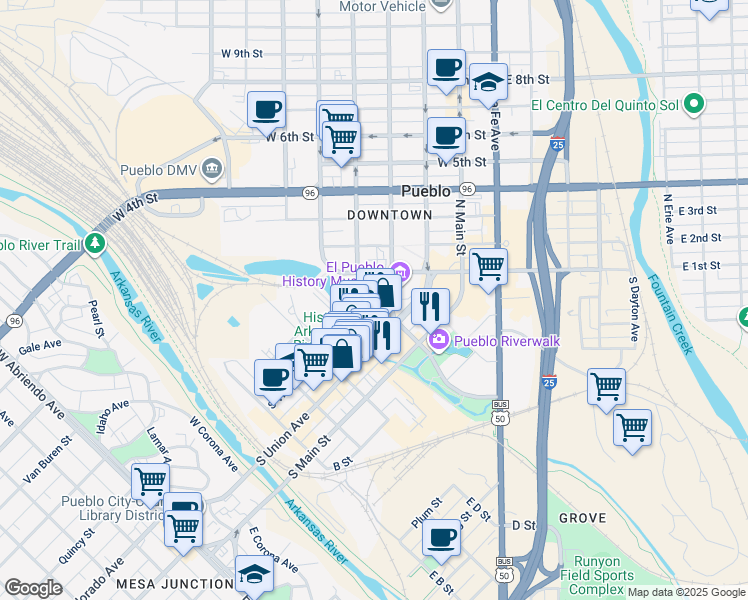 map of restaurants, bars, coffee shops, grocery stores, and more near Victoria Avenue in Pueblo