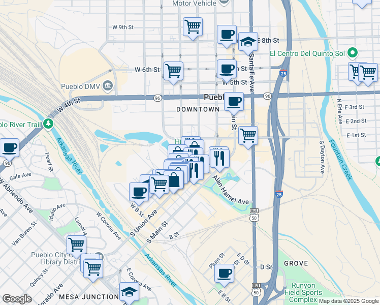 map of restaurants, bars, coffee shops, grocery stores, and more near Victoria Avenue in Pueblo
