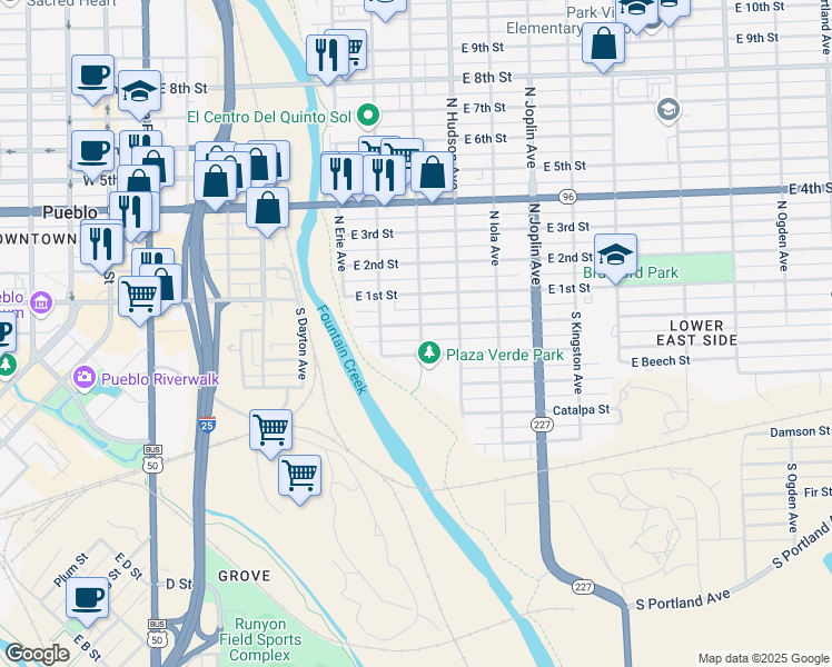 map of restaurants, bars, coffee shops, grocery stores, and more near 248-298 S Glendale Ave in Pueblo
