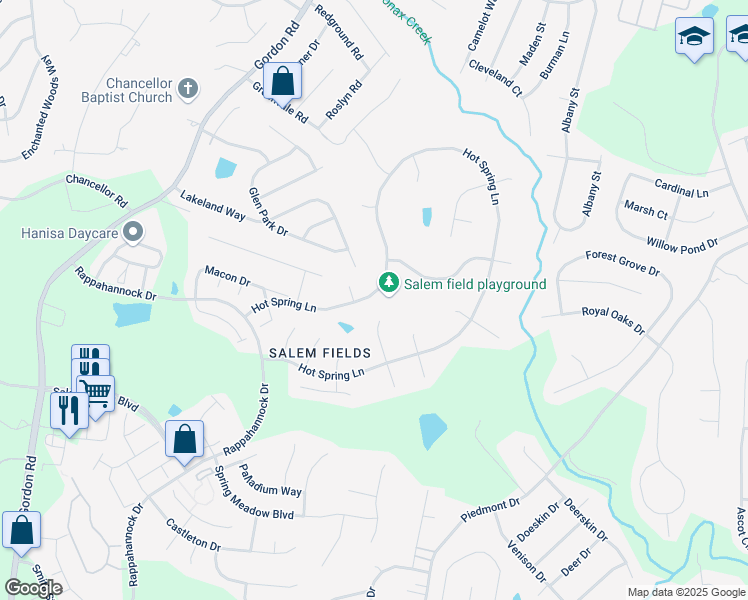 map of restaurants, bars, coffee shops, grocery stores, and more near 6027 Hot Spring Lane in Fredericksburg