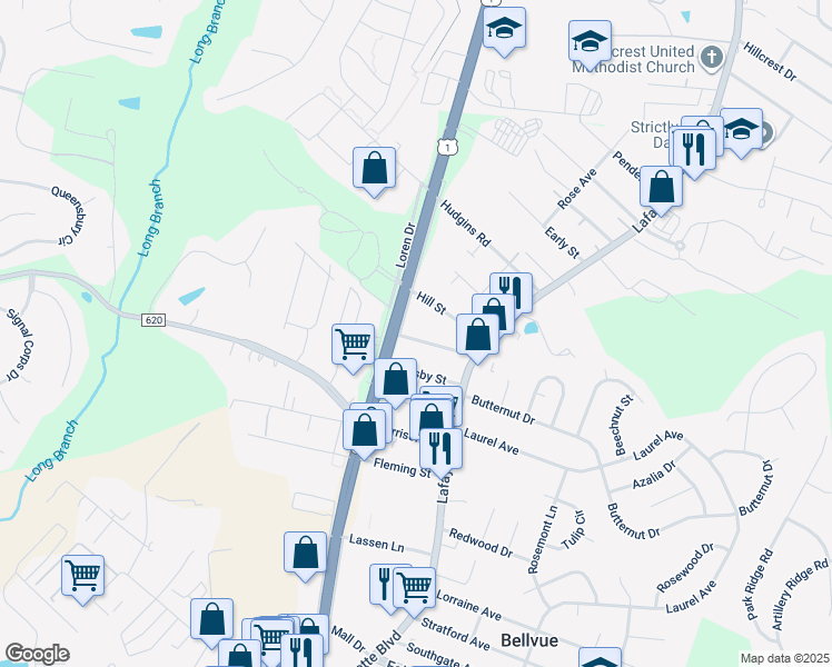 map of restaurants, bars, coffee shops, grocery stores, and more near 124 Beauregard Street in Fredericksburg