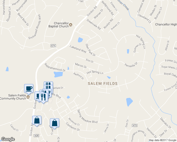 map of restaurants, bars, coffee shops, grocery stores, and more near 11200 Macon Drive in Fredericksburg