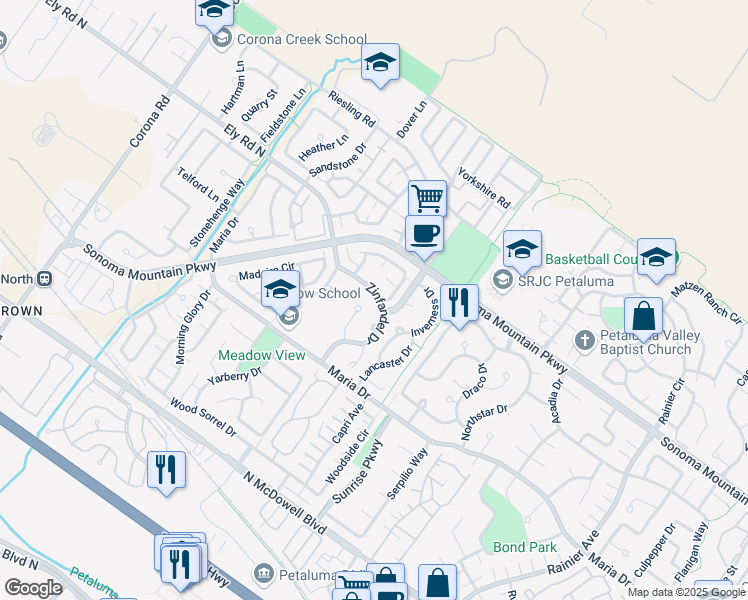 map of restaurants, bars, coffee shops, grocery stores, and more near 1715 Zinfandel Drive in Petaluma