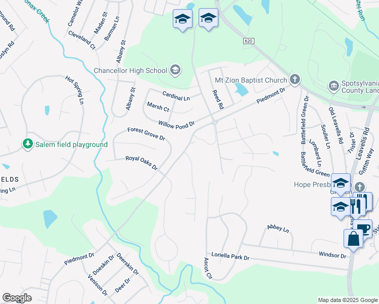 map of restaurants, bars, coffee shops, grocery stores, and more near 11225 Piedmont Landing Drive in Fredericksburg