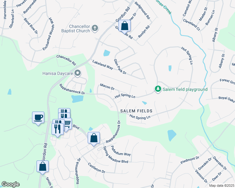 map of restaurants, bars, coffee shops, grocery stores, and more near 11200 Macon Drive in Fredericksburg