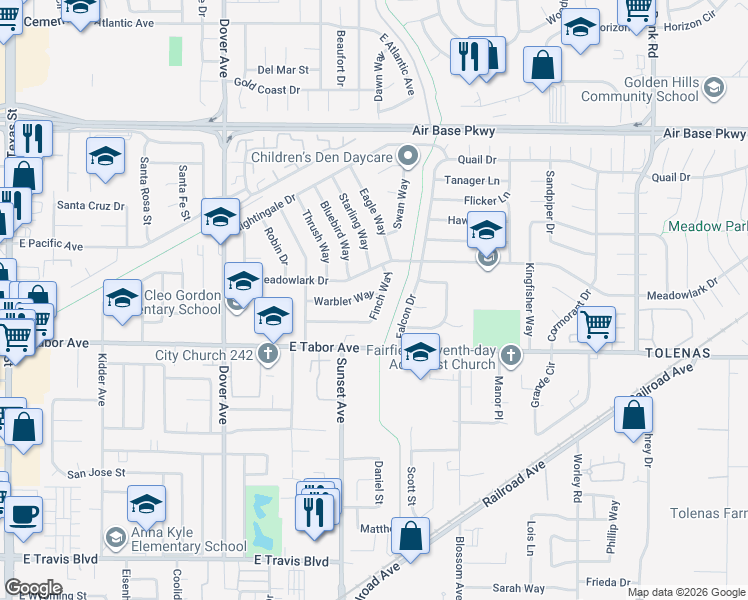 map of restaurants, bars, coffee shops, grocery stores, and more near 1941 Finch Way in Fairfield