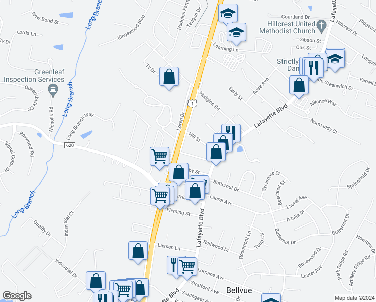 map of restaurants, bars, coffee shops, grocery stores, and more near 124 Beauregard Street in Fredericksburg
