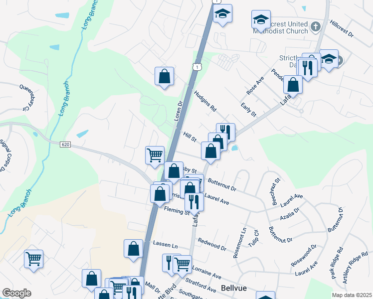 map of restaurants, bars, coffee shops, grocery stores, and more near 120 Beauregard Street in Fredericksburg