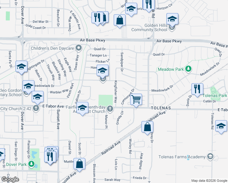 map of restaurants, bars, coffee shops, grocery stores, and more near 2038 Kingfisher Way in Fairfield