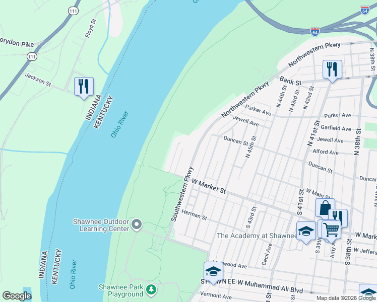 map of restaurants, bars, coffee shops, grocery stores, and more near 102 Northwestern Parkway in Louisville