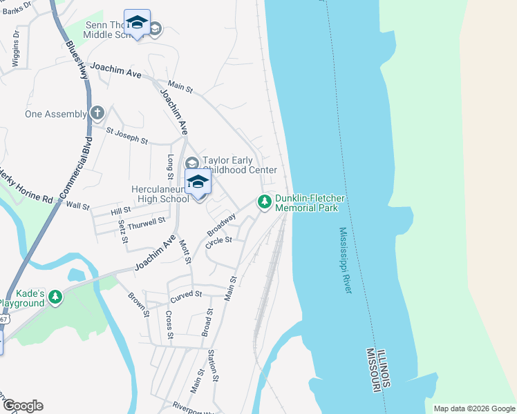 map of restaurants, bars, coffee shops, grocery stores, and more near 650 Main Street in Herculaneum