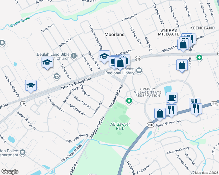 map of restaurants, bars, coffee shops, grocery stores, and more near 1300 Gallant Fox Run Road in Louisville