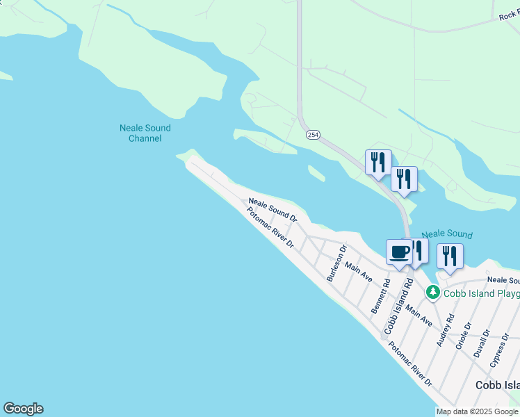 map of restaurants, bars, coffee shops, grocery stores, and more near 16100 Bridge Drive in Cobb Island