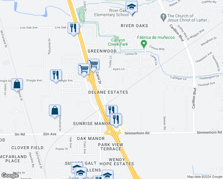 map of restaurants, bars, coffee shops, grocery stores, and more near 908 Delane Drive in Galt