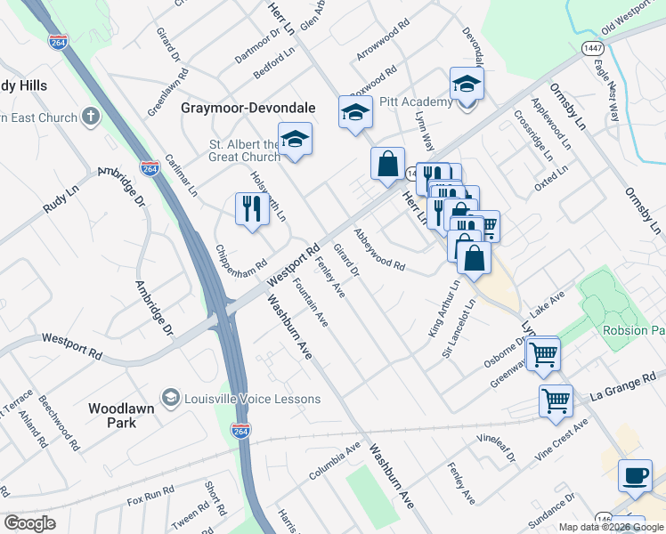 map of restaurants, bars, coffee shops, grocery stores, and more near 1000 Excalibur Corner in Louisville