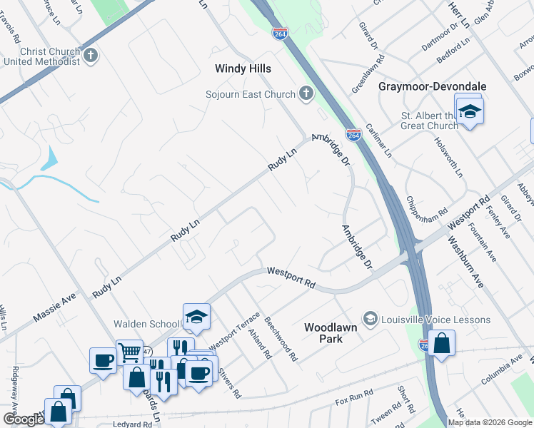 map of restaurants, bars, coffee shops, grocery stores, and more near 4405 Jonlyn Court in Louisville