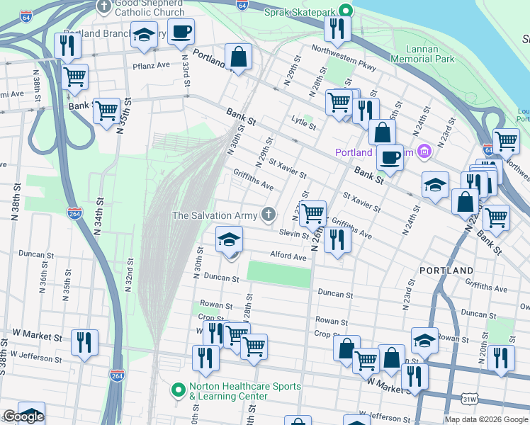map of restaurants, bars, coffee shops, grocery stores, and more near 2723 Slevin Street in Louisville