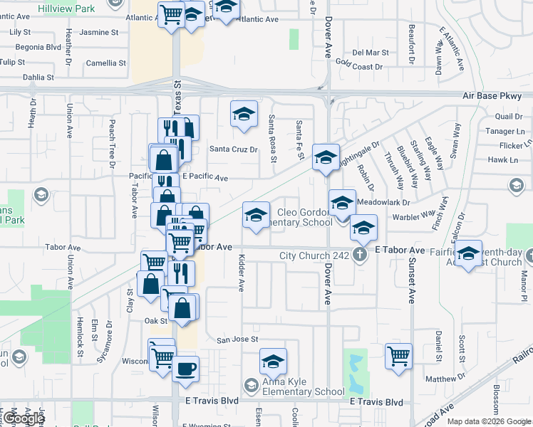 map of restaurants, bars, coffee shops, grocery stores, and more near 2013 San Luis Street in Fairfield